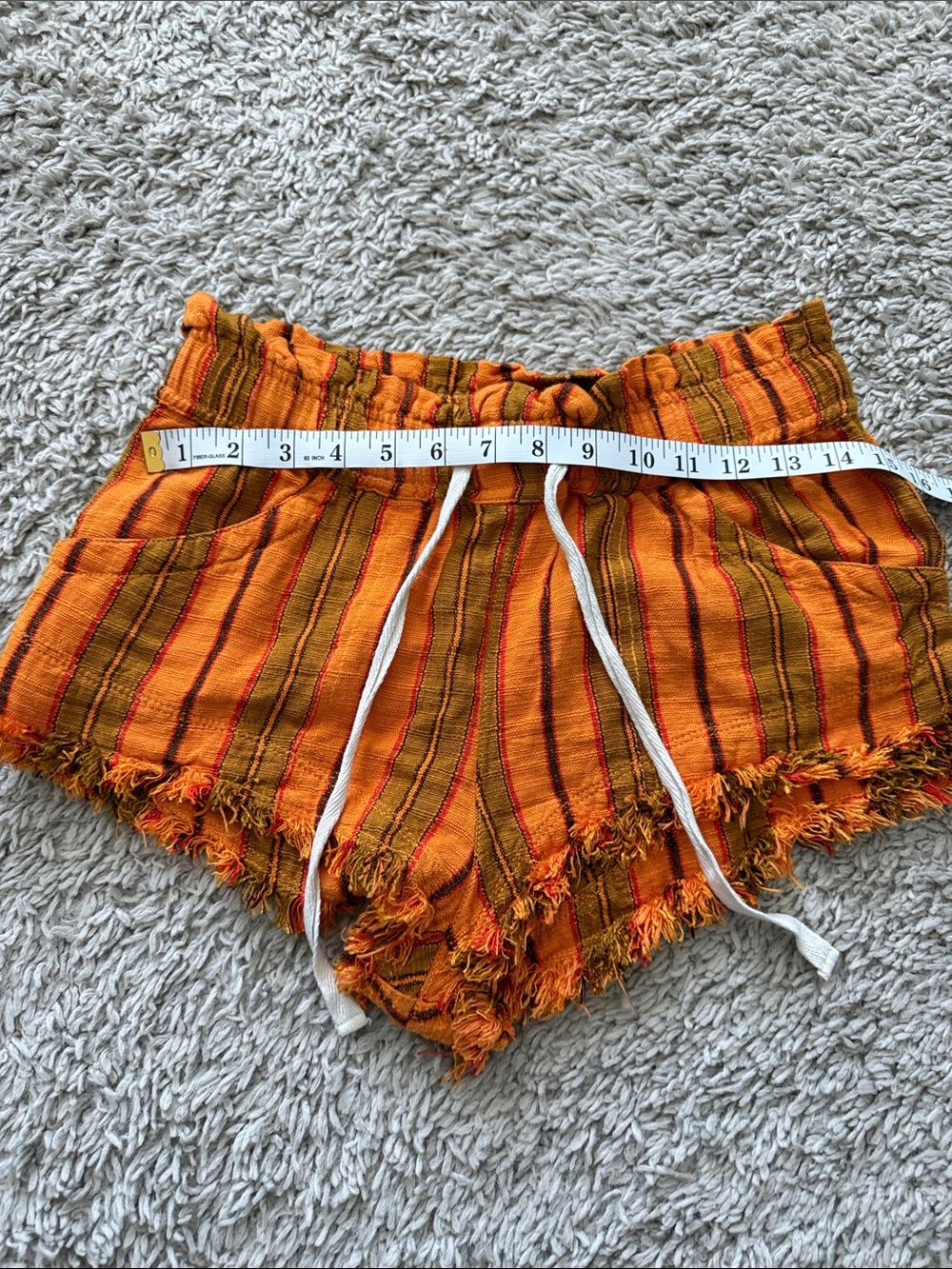 Women's Orange Striped Drawstring Fringe Shorts